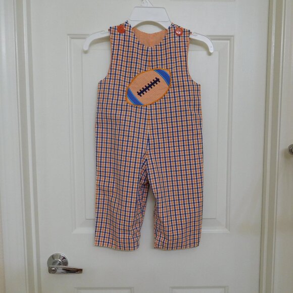 Le' Za Me Reversible Plaid Football Gingham Print Overalls sz 24 Months - Picture 1 of 4
